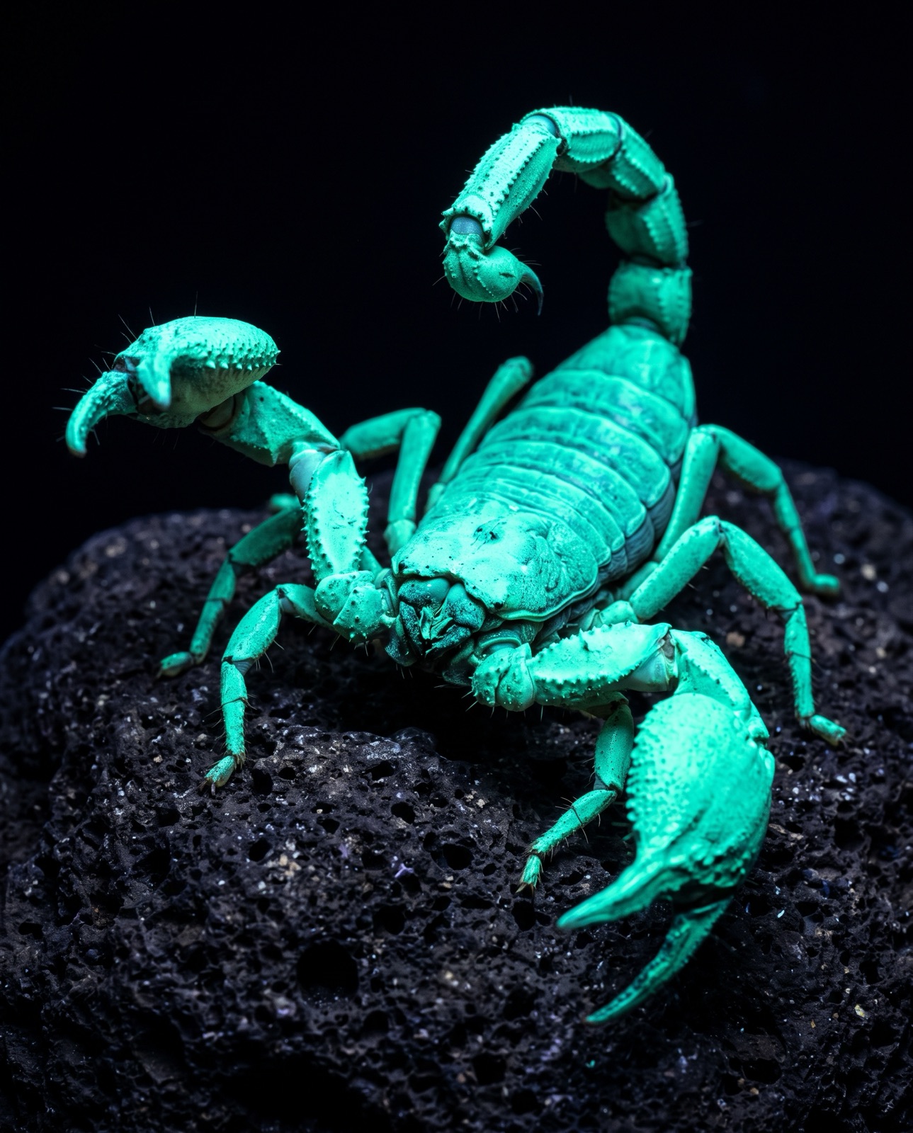 Emperor scorpion glowing under UV light