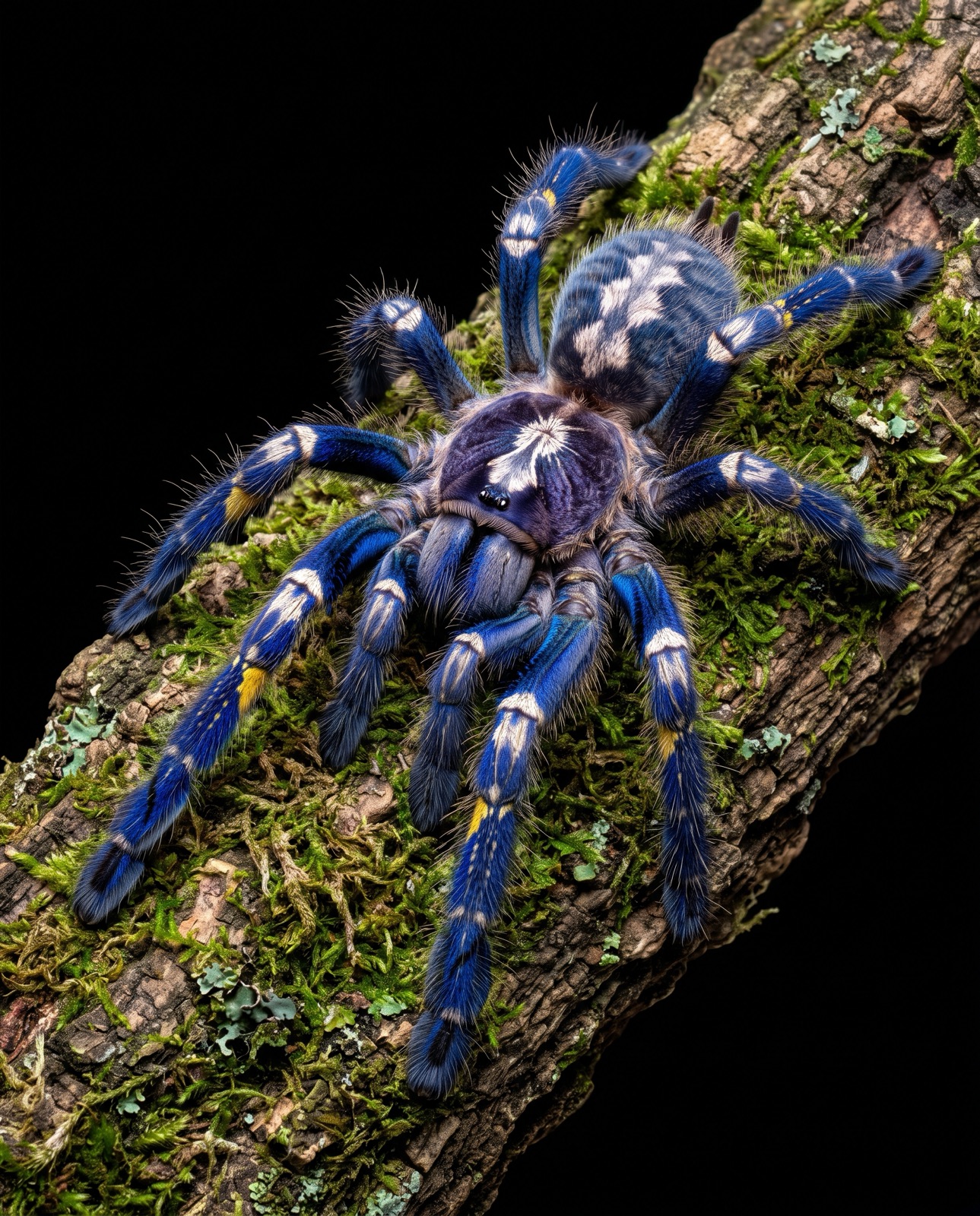 Gooty Sapphire Ornamental tarantula on a mossy branch