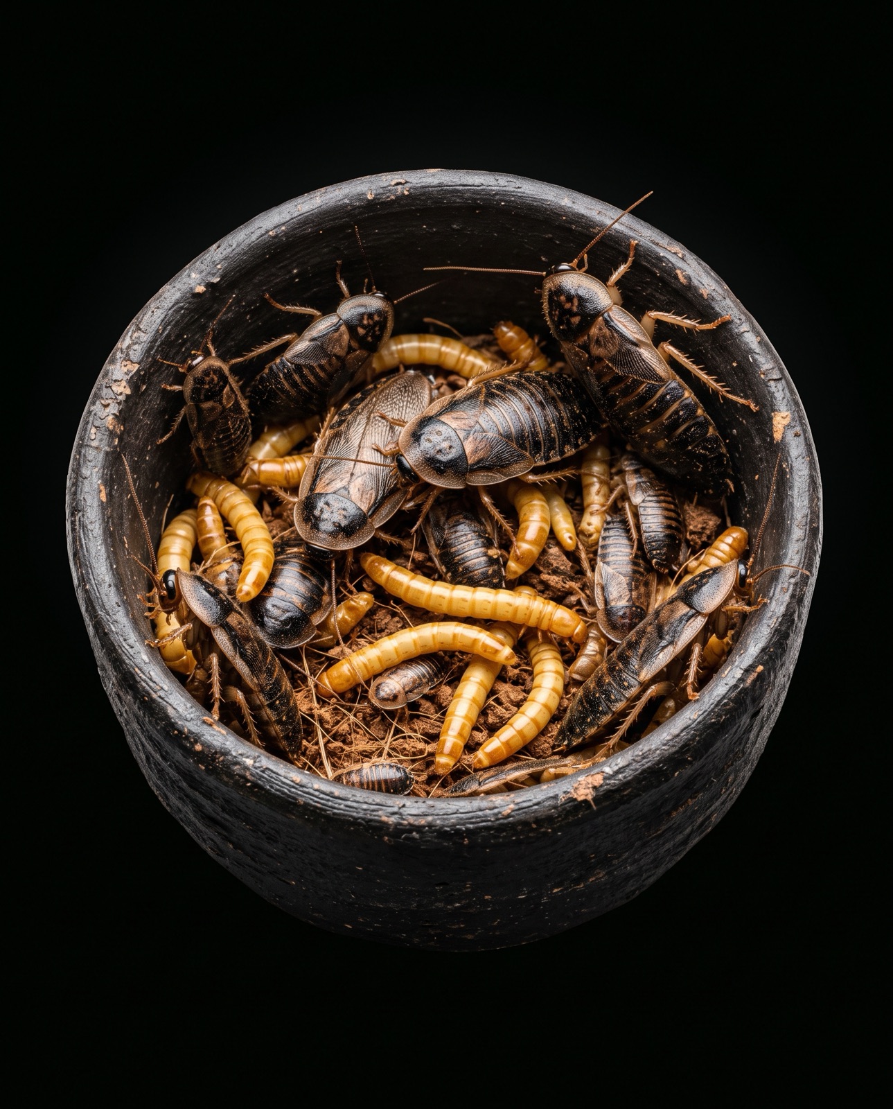 Bowl of live dubia roaches and mealworms